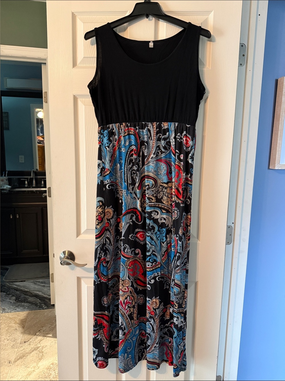 Black Maxi Dress with Blue & Red Paisley Skirt